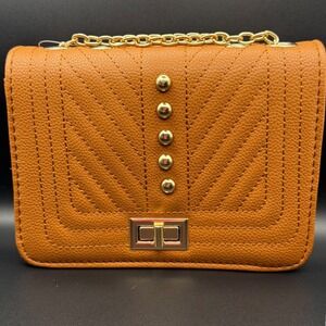 Tan Classic Collection Shoulder Bag Gold‎ Chain Studded Flap Lock